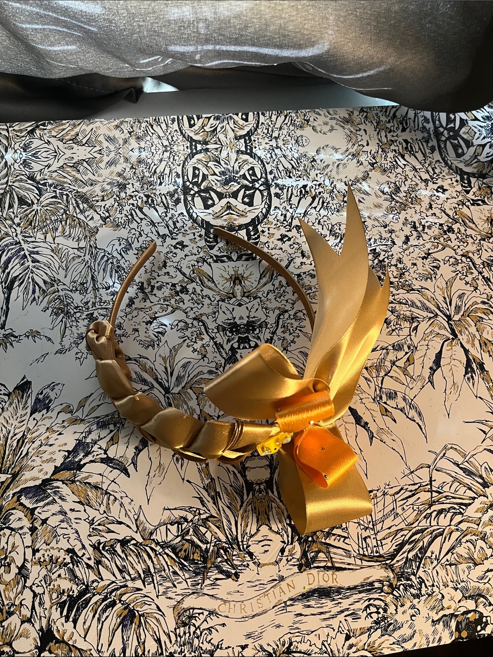 Handmade Gold Satin Bow Headband With Charm